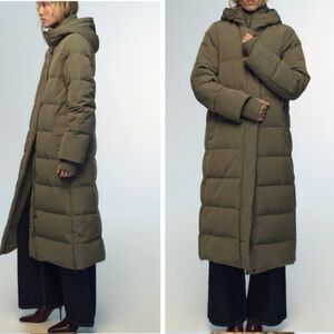 NWT Zara Water & Wind Protectant Longline Puffer Coat in Olive Green Siz…